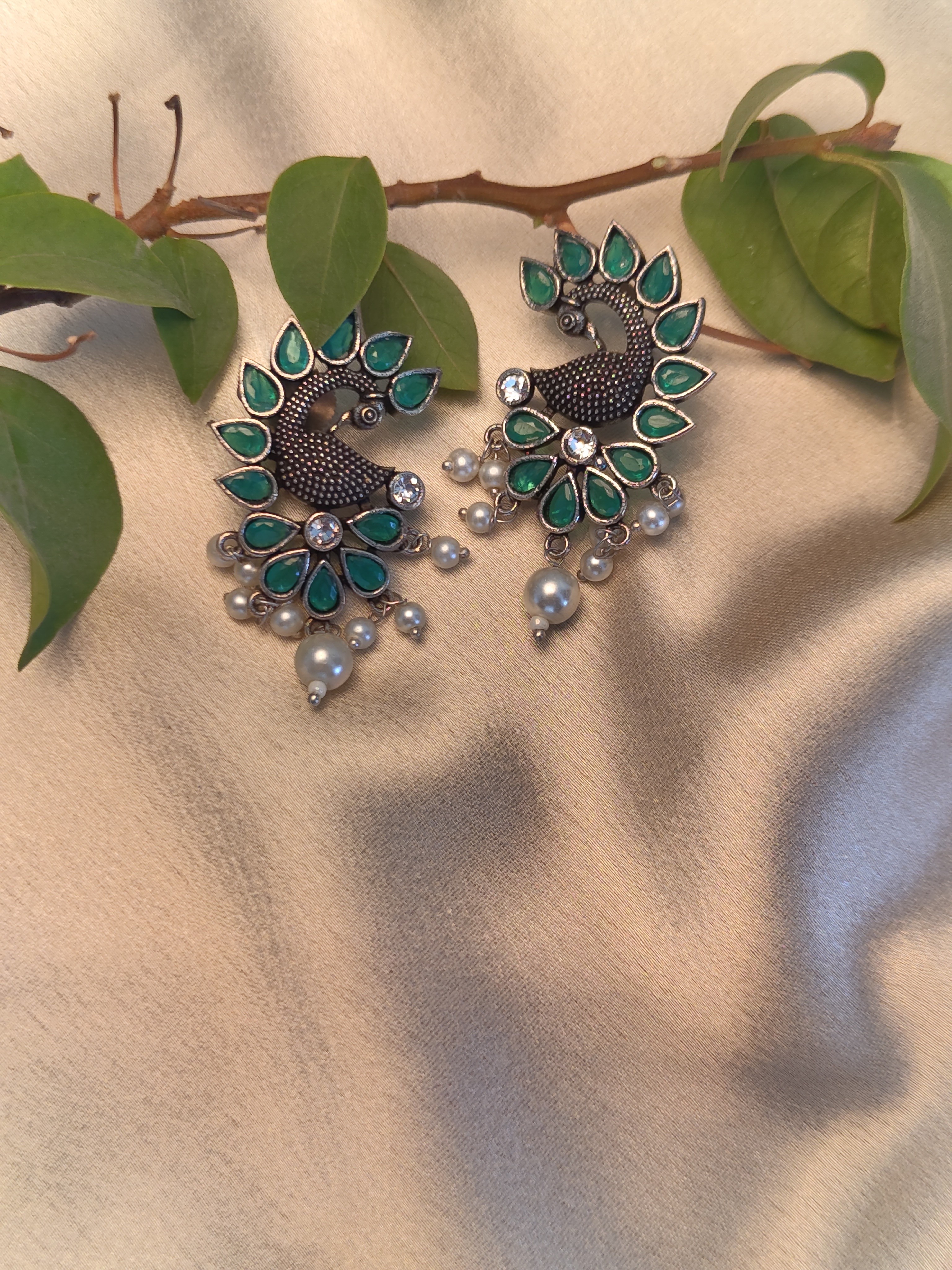 Sitara Emerald Peacock Kundan Jhumkas